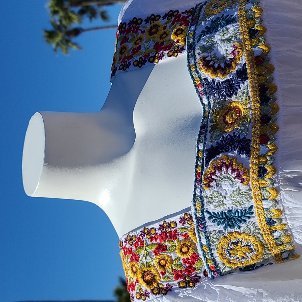 JOHNNY WAS ANTHRO White Embroidered Cotton Mini Dress M Boho Cover Up Mexico - Picture 12 of 17